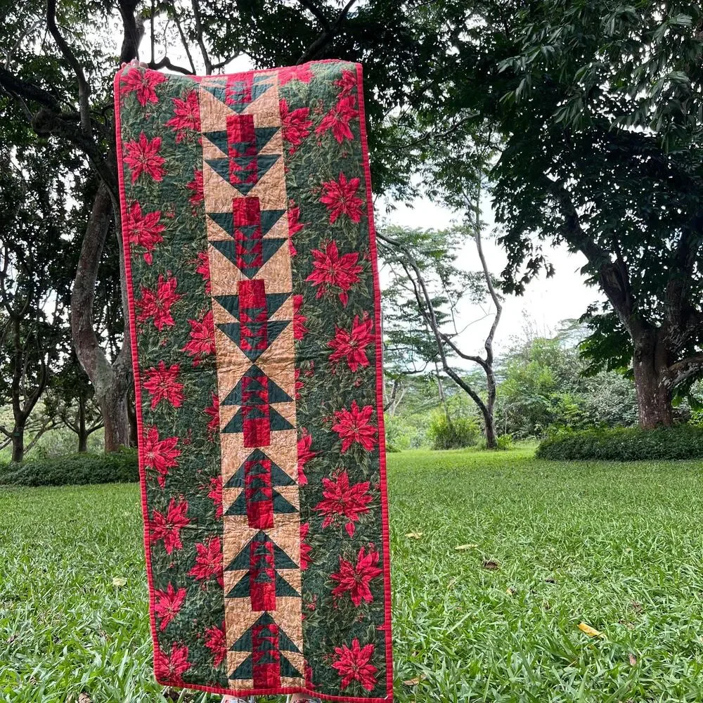 Reversible Christmas Table Runner Quilted Christmas Poinsettia Butterflies